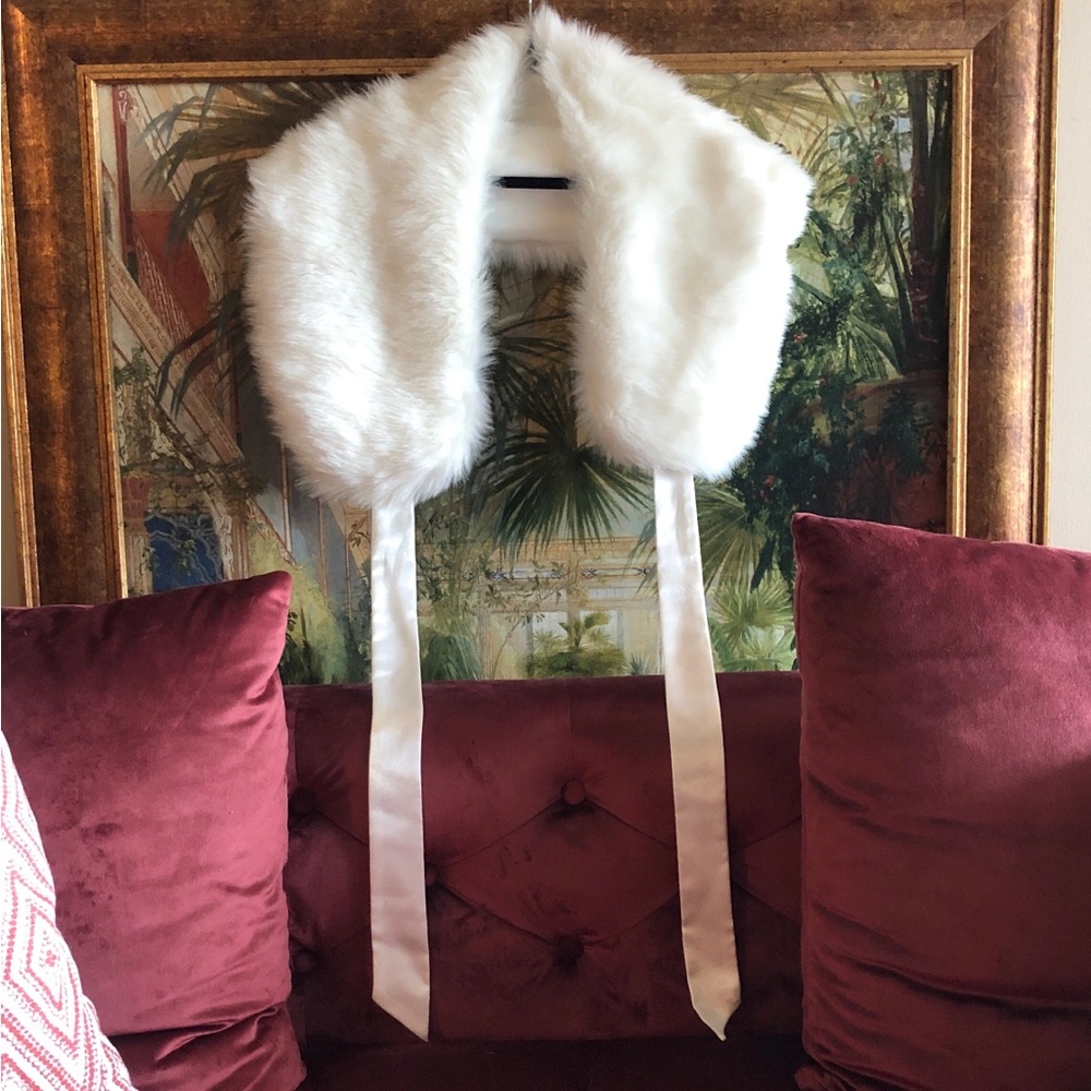 New Faux Fur White Stole with satin ribbon ties Bright White Very Soft